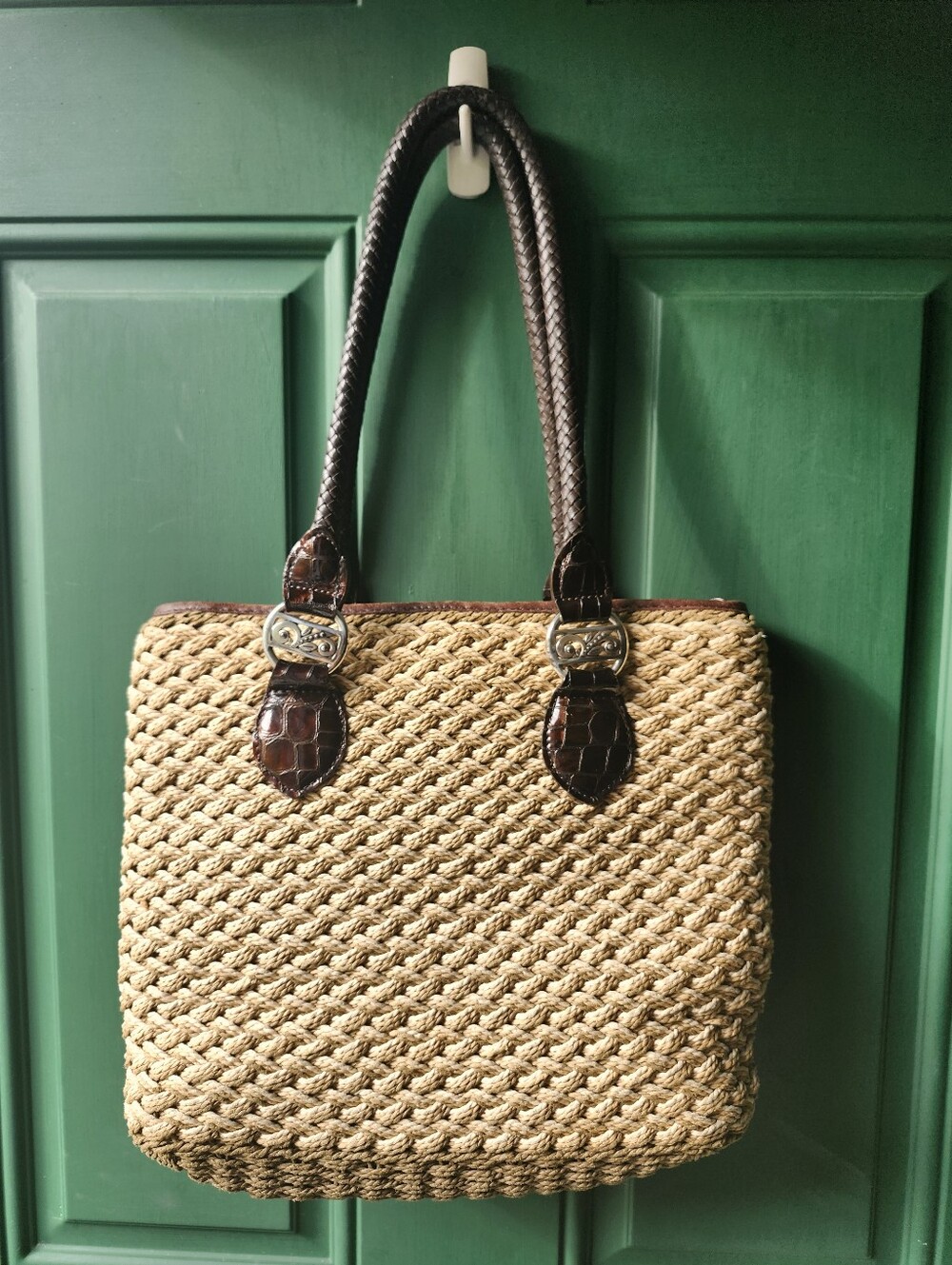 Brighton Eva Woven Straw Shoulder Bag with Leather Handles Tan/Brown